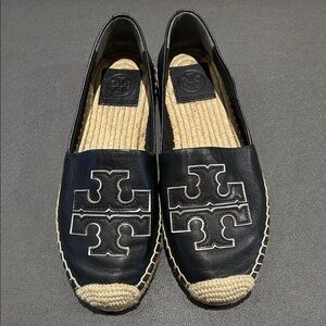 Tory Burch Black Leather Logo Espadrille Slip-Ons